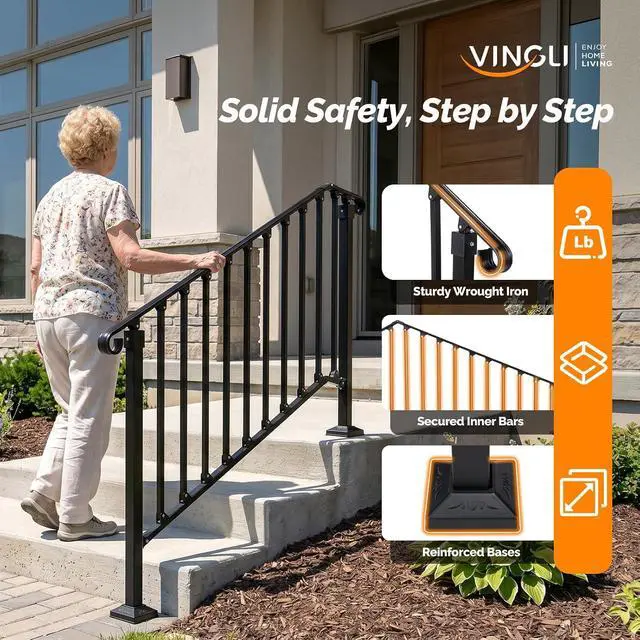 Alt view image 3 of 7 - Handrails for Outdoor Steps, Stair Handrail Fits 1 to 5 Steps, Wrought Iron Hand Rail Stair Railing Kit for Concrete/Porch/Wooden Steps (2, Matte Black, 3 to 4 Steps)