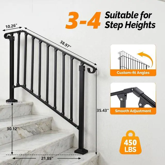 Alt view image 4 of 7 - Handrails for Outdoor Steps, Stair Handrail Fits 1 to 5 Steps, Wrought Iron Hand Rail Stair Railing Kit for Concrete/Porch/Wooden Steps (2, Matte Black, 3 to 4 Steps)