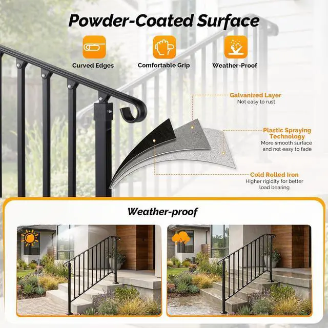 Alt view image 5 of 7 - Handrails for Outdoor Steps, Stair Handrail Fits 1 to 5 Steps, Wrought Iron Hand Rail Stair Railing Kit for Concrete/Porch/Wooden Steps (2, Matte Black, 3 to 4 Steps)