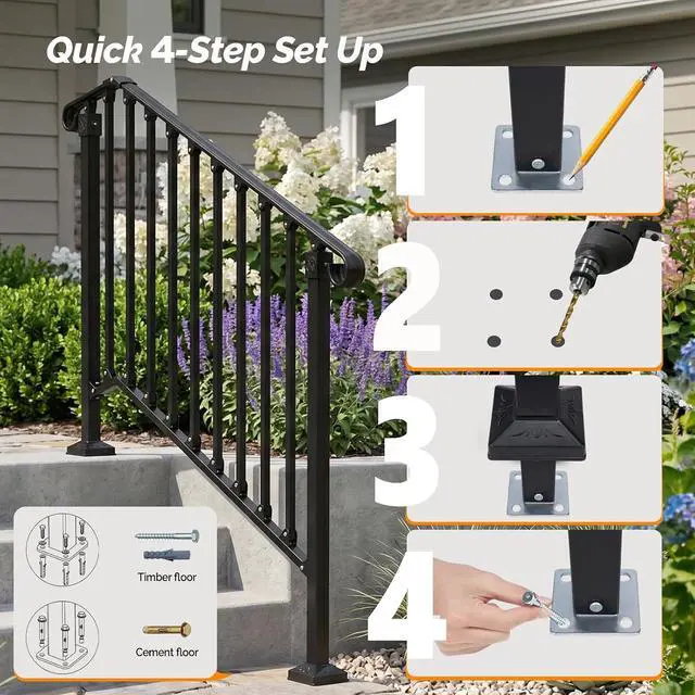 Alt view image 6 of 7 - Handrails for Outdoor Steps, Stair Handrail Fits 1 to 5 Steps, Wrought Iron Hand Rail Stair Railing Kit for Concrete/Porch/Wooden Steps (2, Matte Black, 3 to 4 Steps)