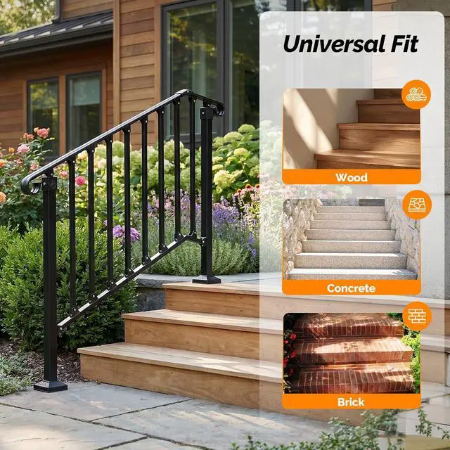 Alt view image 7 of 7 - Handrails for Outdoor Steps, Stair Handrail Fits 1 to 5 Steps, Wrought Iron Hand Rail Stair Railing Kit for Concrete/Porch/Wooden Steps (2, Matte Black, 3 to 4 Steps)