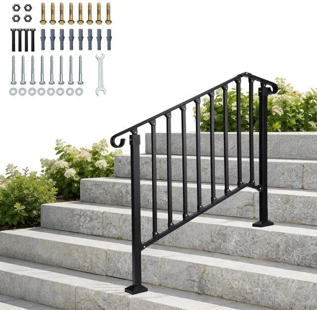 Main image of Handrails for Outdoor Steps, Stair Handrail Fits 1 to 5 Steps, Wrought Iron Hand Rail Stair Railing Kit for Concrete/Porch/Wooden Steps (1, Matte Black, 3 to 4 Steps)