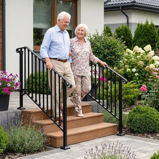 Alt view image 2 of 7 - Handrails for Outdoor Steps, Stair Handrail Fits 1 to 5 Steps, Wrought Iron Hand Rail Stair Railing Kit for Concrete/Porch/Wooden Steps (2, Matte Black, 3 to 4 Steps)