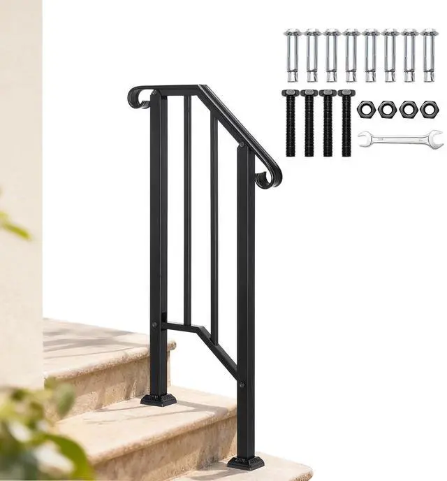 Main image of Handrails for Outdoor Steps, Stair Handrail Fits 1 to 5 Steps, Wrought Iron Hand Rail Stair Railing Kit for Concrete/Porch/Wooden Steps (1, Black, 1 to 2 Steps)