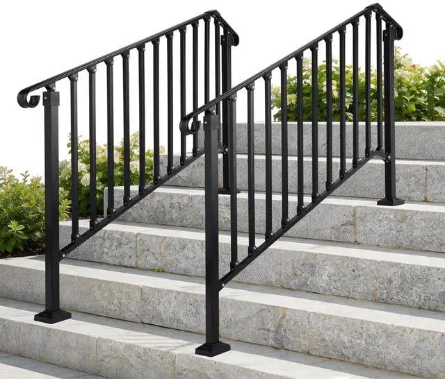 Main image of Handrails for Outdoor Steps, Stair Handrail Fits 1 to 5 Steps, Wrought Iron Hand Rail Stair Railing Kit for Concrete/Porch/Wooden Steps (2, Matte Black, 4 to 5 Steps)