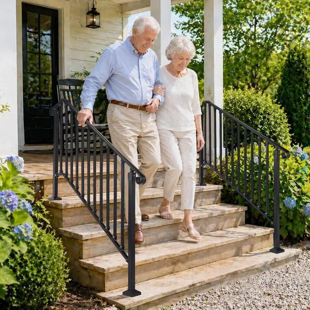 Alt view image 2 of 7 - Handrails for Outdoor Steps, Stair Handrail Fits 1 to 5 Steps, Wrought Iron Hand Rail Stair Railing Kit for Concrete/Porch/Wooden Steps (2, Matte Black, 4 to 5 Steps)