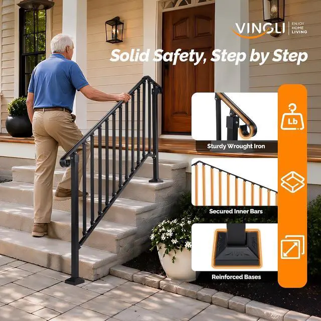 Alt view image 2 of 7 - Handrails for Outdoor Steps, Stair Handrail Fits 1 to 5 Steps, Wrought Iron Hand Rail Stair Railing Kit for Concrete/Porch/Wooden Steps (1, Matte Black, 4 to 5 Steps)