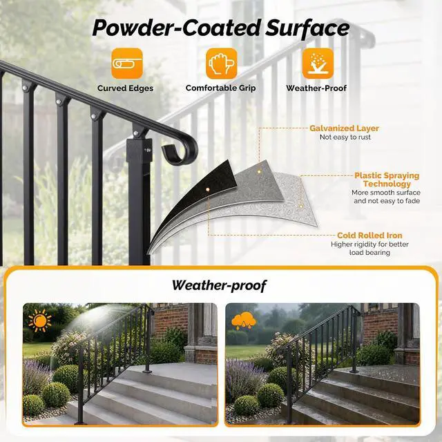 Alt view image 3 of 7 - Handrails for Outdoor Steps, Stair Handrail Fits 1 to 5 Steps, Wrought Iron Hand Rail Stair Railing Kit for Concrete/Porch/Wooden Steps (1, Matte Black, 4 to 5 Steps)