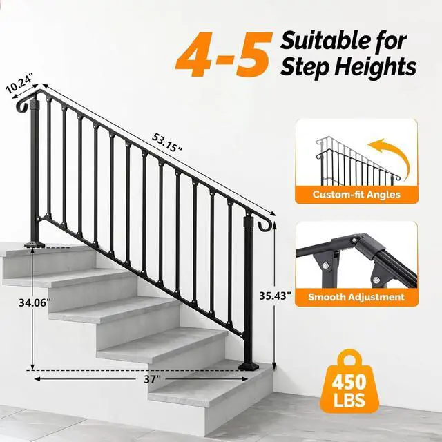 Alt view image 4 of 7 - Handrails for Outdoor Steps, Stair Handrail Fits 1 to 5 Steps, Wrought Iron Hand Rail Stair Railing Kit for Concrete/Porch/Wooden Steps (1, Matte Black, 4 to 5 Steps)