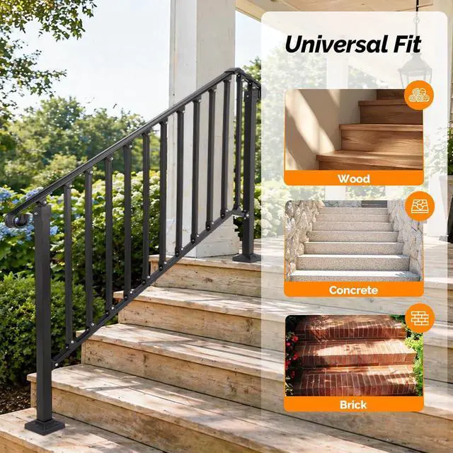 Alt view image 6 of 7 - Handrails for Outdoor Steps, Stair Handrail Fits 1 to 5 Steps, Wrought Iron Hand Rail Stair Railing Kit for Concrete/Porch/Wooden Steps (1, Matte Black, 4 to 5 Steps)