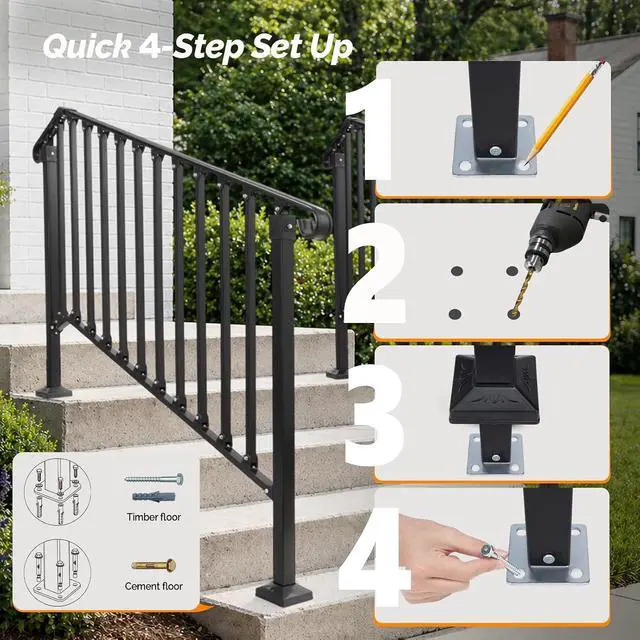 Alt view image 5 of 7 - Handrails for Outdoor Steps, Stair Handrail Fits 1 to 5 Steps, Wrought Iron Hand Rail Stair Railing Kit for Concrete/Porch/Wooden Steps (1, Matte Black, 4 to 5 Steps)
