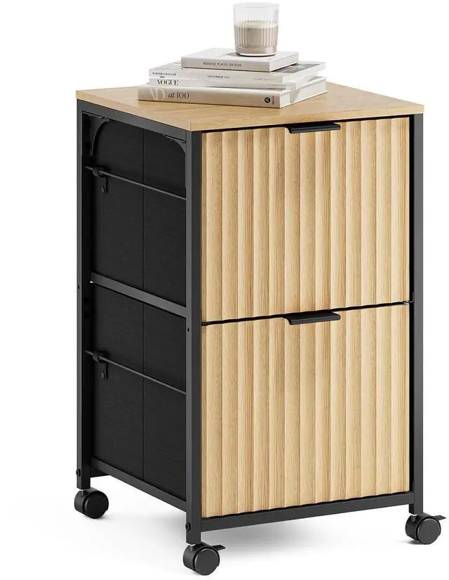 Main image of 2 Drawer Mobile File Cabinet, Rolling Fluted Filing Cabinet Under Desk File Cabinet with Wheels, Fabric Drawers Printer Stand for Home Office, Fits Letter Size, Oak
