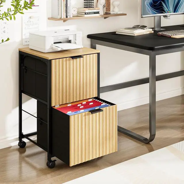 Alt view image 2 of 7 - 2 Drawer Mobile File Cabinet, Rolling Fluted Filing Cabinet Under Desk File Cabinet with Wheels, Fabric Drawers Printer Stand for Home Office, Fits Letter Size, Oak