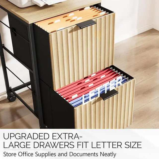 Alt view image 4 of 7 - 2 Drawer Mobile File Cabinet, Rolling Fluted Filing Cabinet Under Desk File Cabinet with Wheels, Fabric Drawers Printer Stand for Home Office, Fits Letter Size, Oak
