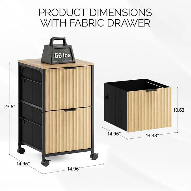Alt view image 3 of 7 - 2 Drawer Mobile File Cabinet, Rolling Fluted Filing Cabinet Under Desk File Cabinet with Wheels, Fabric Drawers Printer Stand for Home Office, Fits Letter Size, Oak