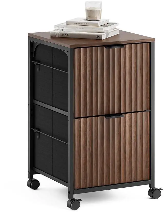 Main image of 2 Drawer Mobile File Cabinet, Rolling Fluted Filing Cabinet Under Desk File Cabinet with Wheels, Fabric Drawers Printer Stand for Home Office, Fits Letter Size, Walnut