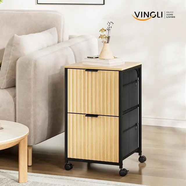 Alt view image 7 of 7 - 2 Drawer Mobile File Cabinet, Rolling Fluted Filing Cabinet Under Desk File Cabinet with Wheels, Fabric Drawers Printer Stand for Home Office, Fits Letter Size, Oak