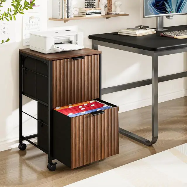 Alt view image 2 of 7 - 2 Drawer Mobile File Cabinet, Rolling Fluted Filing Cabinet Under Desk File Cabinet with Wheels, Fabric Drawers Printer Stand for Home Office, Fits Letter Size, Walnut