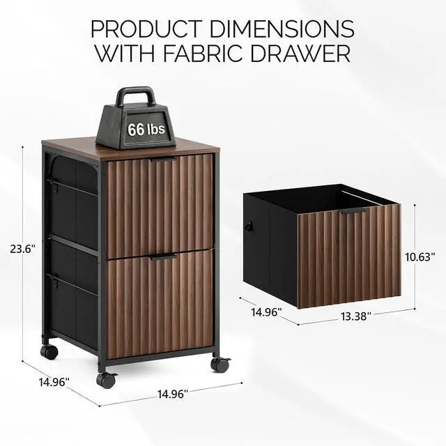 Alt view image 3 of 7 - 2 Drawer Mobile File Cabinet, Rolling Fluted Filing Cabinet Under Desk File Cabinet with Wheels, Fabric Drawers Printer Stand for Home Office, Fits Letter Size, Walnut