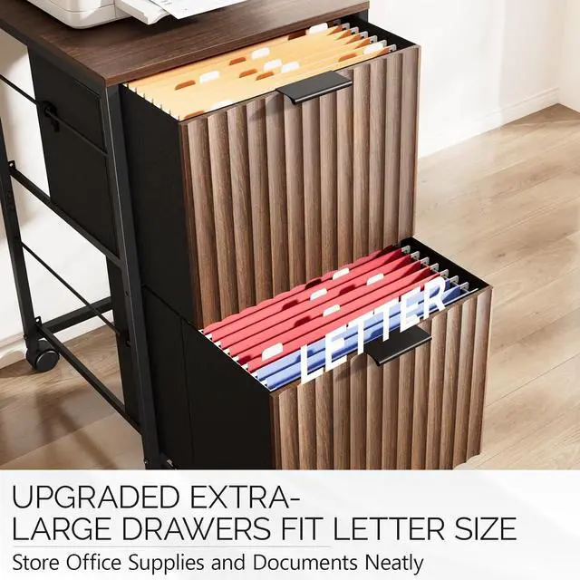 Alt view image 4 of 7 - 2 Drawer Mobile File Cabinet, Rolling Fluted Filing Cabinet Under Desk File Cabinet with Wheels, Fabric Drawers Printer Stand for Home Office, Fits Letter Size, Walnut
