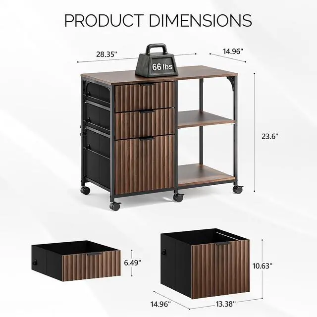 Alt view image 3 of 7 - 3 Drawer Mobile File Cabinet Printer Stand, Fluted Filing Cabinet with Open Storage Shelves Adjustable, Rolling Lateral Fabric Filing Cabinet for Home Office, Fits Letter Size, Walnut