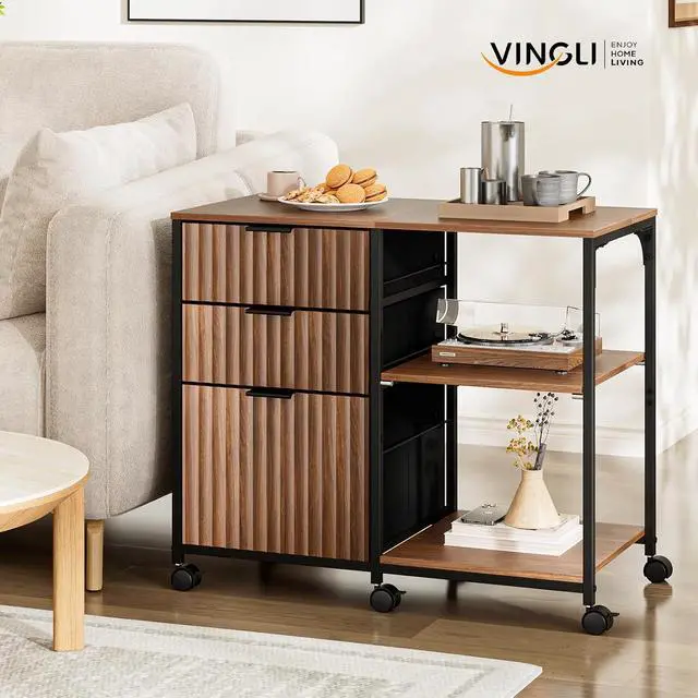 Alt view image 2 of 7 - 3 Drawer Mobile File Cabinet Printer Stand, Fluted Filing Cabinet with Open Storage Shelves Adjustable, Rolling Lateral Fabric Filing Cabinet for Home Office, Fits Letter Size, Walnut