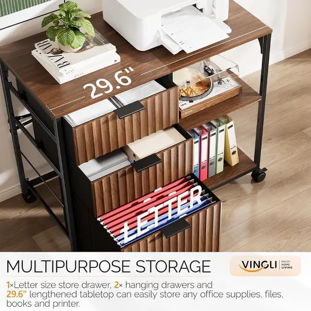 Alt view image 4 of 7 - 3 Drawer Mobile File Cabinet Printer Stand, Fluted Filing Cabinet with Open Storage Shelves Adjustable, Rolling Lateral Fabric Filing Cabinet for Home Office, Fits Letter Size, Walnut