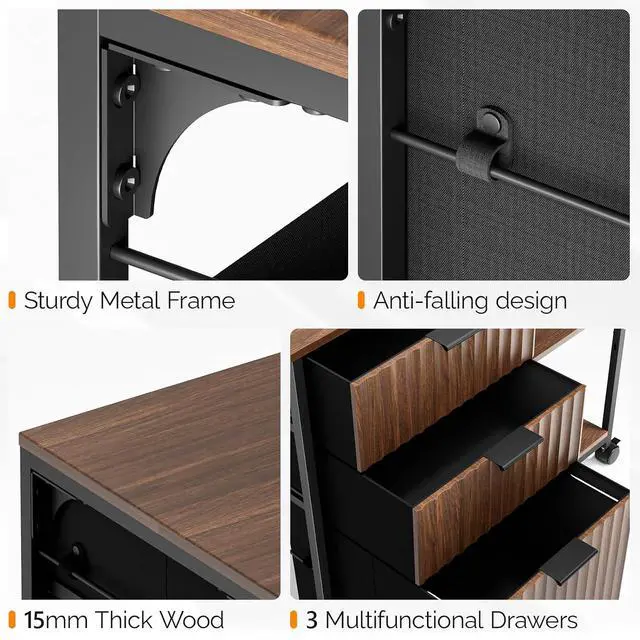 Alt view image 7 of 7 - 3 Drawer Mobile File Cabinet Printer Stand, Fluted Filing Cabinet with Open Storage Shelves Adjustable, Rolling Lateral Fabric Filing Cabinet for Home Office, Fits Letter Size, Walnut