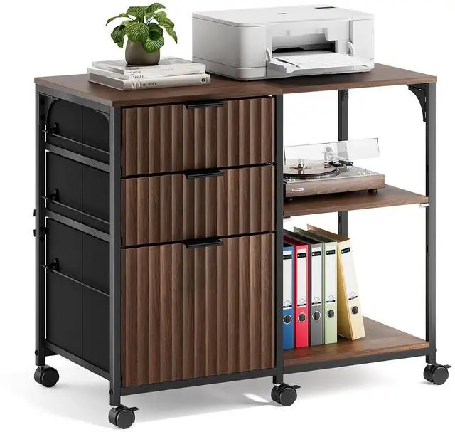Main image of 3 Drawer Mobile File Cabinet Printer Stand, Fluted Filing Cabinet with Open Storage Shelves Adjustable, Rolling Lateral Fabric Filing Cabinet for Home Office, Fits Letter Size, Walnut