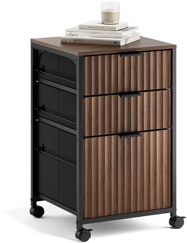 Main image of 3 Drawer Fluted File Cabinet, Rolling File Cabinet Mobile Under Desk File Cabinet with Wheels, Fabric Drawers Printer Stand for Home Office, Fits Letter Size, Walnut