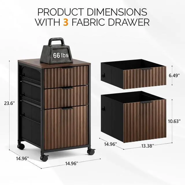 Alt view image 3 of 7 - 3 Drawer Fluted File Cabinet, Rolling File Cabinet Mobile Under Desk File Cabinet with Wheels, Fabric Drawers Printer Stand for Home Office, Fits Letter Size, Walnut