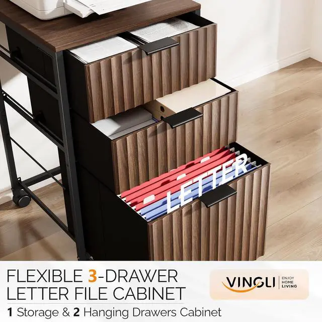Alt view image 4 of 7 - 3 Drawer Fluted File Cabinet, Rolling File Cabinet Mobile Under Desk File Cabinet with Wheels, Fabric Drawers Printer Stand for Home Office, Fits Letter Size, Walnut