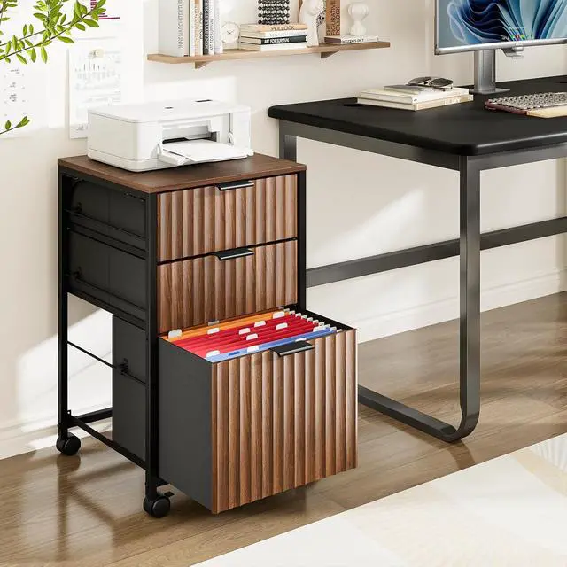 Alt view image 2 of 7 - 3 Drawer Fluted File Cabinet, Rolling File Cabinet Mobile Under Desk File Cabinet with Wheels, Fabric Drawers Printer Stand for Home Office, Fits Letter Size, Walnut