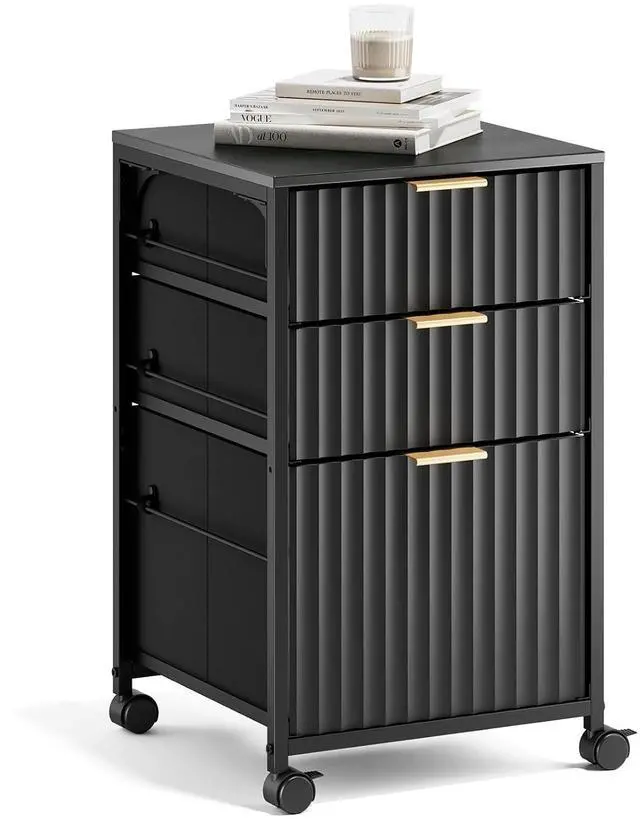 Main image of 3 Drawer Fluted File Cabinet, Rolling File Cabinet Mobile Under Desk File Cabinet with Wheels, Fabric Drawers Printer Stand for Home Office, Fits Letter Size, Black