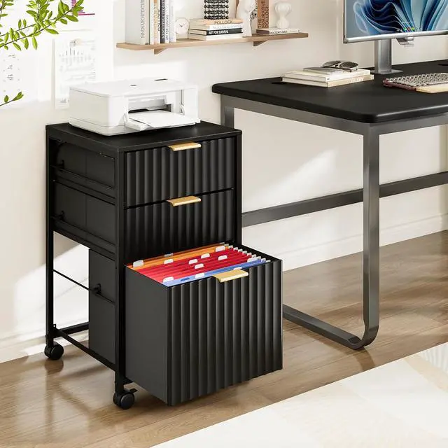 Alt view image 2 of 7 - 3 Drawer Fluted File Cabinet, Rolling File Cabinet Mobile Under Desk File Cabinet with Wheels, Fabric Drawers Printer Stand for Home Office, Fits Letter Size, Black