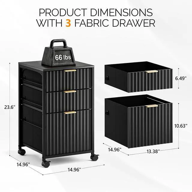 Alt view image 3 of 7 - 3 Drawer Fluted File Cabinet, Rolling File Cabinet Mobile Under Desk File Cabinet with Wheels, Fabric Drawers Printer Stand for Home Office, Fits Letter Size, Black