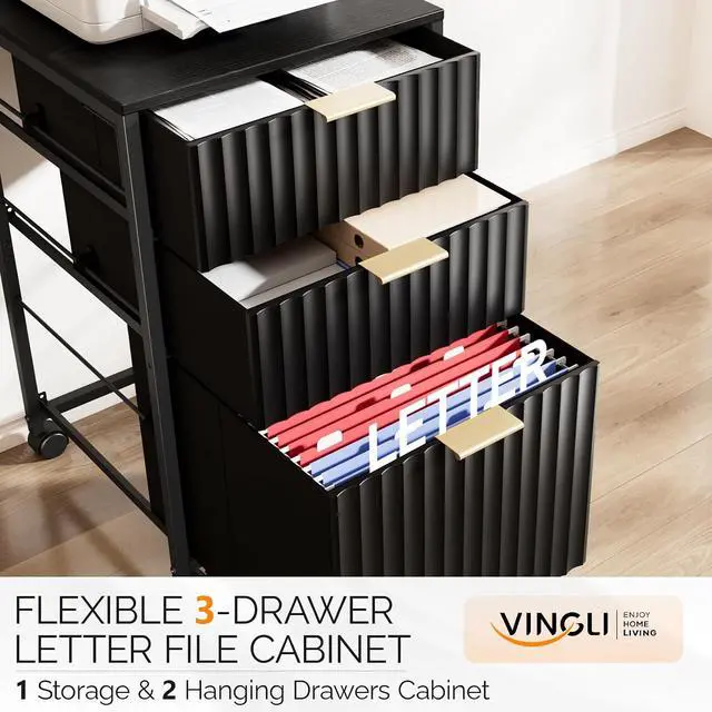 Alt view image 4 of 7 - 3 Drawer Fluted File Cabinet, Rolling File Cabinet Mobile Under Desk File Cabinet with Wheels, Fabric Drawers Printer Stand for Home Office, Fits Letter Size, Black