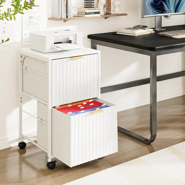Alt view image 2 of 7 - 2 Drawer Mobile File Cabinet, Rolling Fluted Filing Cabinet Under Desk File Cabinet with Wheels, Fabric Drawers Printer Stand for Home Office, Fits Letter Size, White