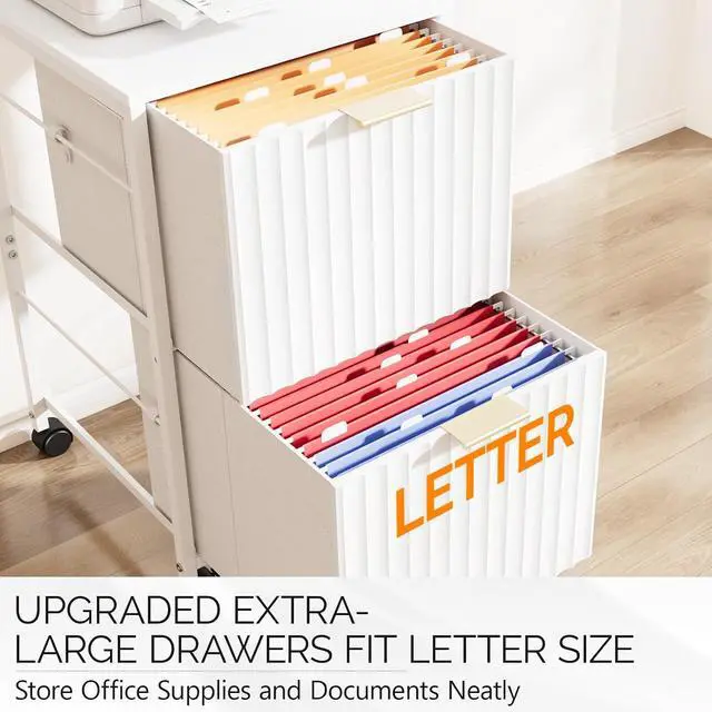 Alt view image 4 of 7 - 2 Drawer Mobile File Cabinet, Rolling Fluted Filing Cabinet Under Desk File Cabinet with Wheels, Fabric Drawers Printer Stand for Home Office, Fits Letter Size, White