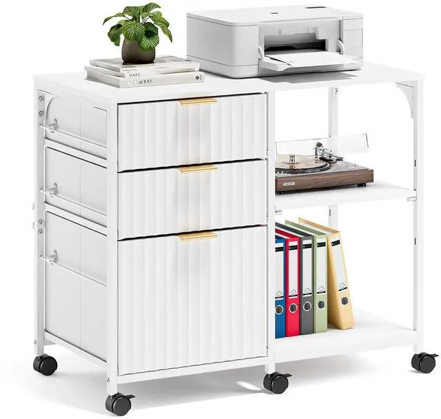 Main image of 3 Drawer Mobile File Cabinet Printer Stand, Fluted Filing Cabinet with Open Storage Shelves Adjustable, Rolling Lateral Fabric Filing Cabinet for Home Office, Fits Letter Size, White