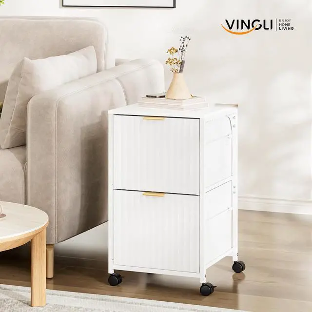 Alt view image 7 of 7 - 2 Drawer Mobile File Cabinet, Rolling Fluted Filing Cabinet Under Desk File Cabinet with Wheels, Fabric Drawers Printer Stand for Home Office, Fits Letter Size, White