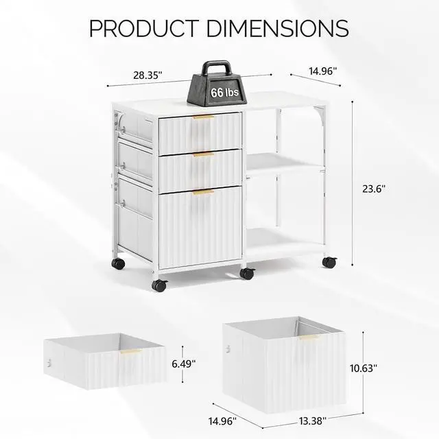 Alt view image 3 of 7 - 3 Drawer Mobile File Cabinet Printer Stand, Fluted Filing Cabinet with Open Storage Shelves Adjustable, Rolling Lateral Fabric Filing Cabinet for Home Office, Fits Letter Size, White