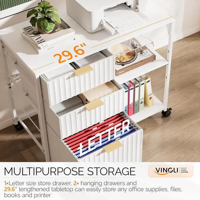Alt view image 4 of 7 - 3 Drawer Mobile File Cabinet Printer Stand, Fluted Filing Cabinet with Open Storage Shelves Adjustable, Rolling Lateral Fabric Filing Cabinet for Home Office, Fits Letter Size, White