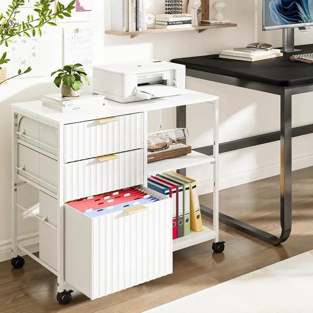 Alt view image 2 of 7 - 3 Drawer Mobile File Cabinet Printer Stand, Fluted Filing Cabinet with Open Storage Shelves Adjustable, Rolling Lateral Fabric Filing Cabinet for Home Office, Fits Letter Size, White