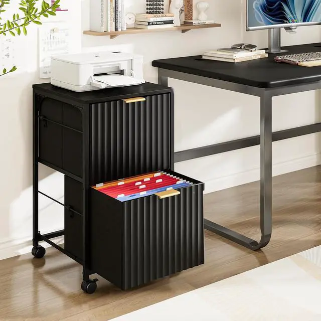 Alt view image 2 of 7 - 2 Drawer Mobile File Cabinet, Rolling Fluted Filing Cabinet Under Desk File Cabinet with Wheels, Fabric Drawers Printer Stand for Home Office, Fits Letter Size, Black