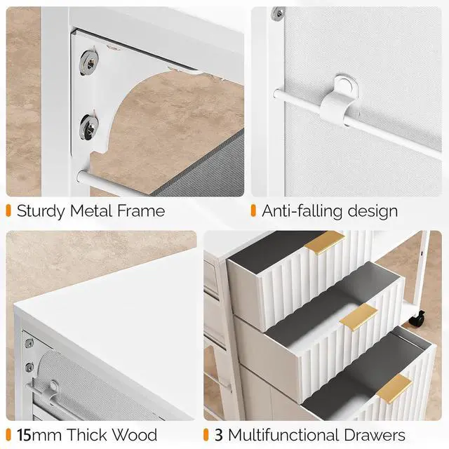Alt view image 7 of 7 - 3 Drawer Mobile File Cabinet Printer Stand, Fluted Filing Cabinet with Open Storage Shelves Adjustable, Rolling Lateral Fabric Filing Cabinet for Home Office, Fits Letter Size, White