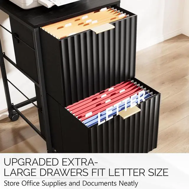 Alt view image 4 of 7 - 2 Drawer Mobile File Cabinet, Rolling Fluted Filing Cabinet Under Desk File Cabinet with Wheels, Fabric Drawers Printer Stand for Home Office, Fits Letter Size, Black