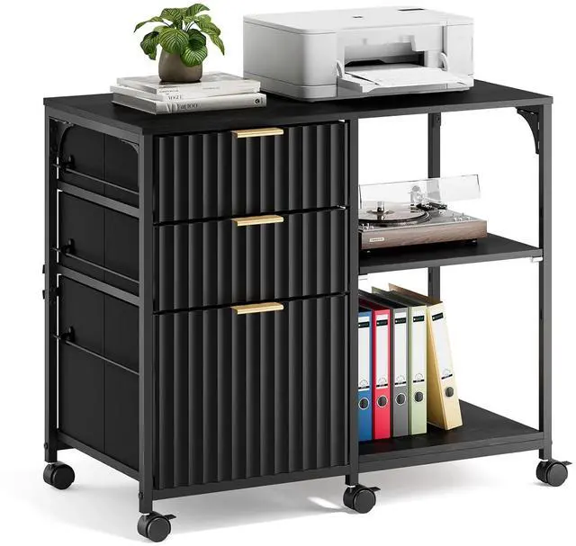 Main image of 3 Drawer Mobile File Cabinet Printer Stand, Fluted Filing Cabinet with Open Storage Shelves Adjustable, Rolling Lateral Fabric Filing Cabinet for Home Office, Fits Letter Size, Black