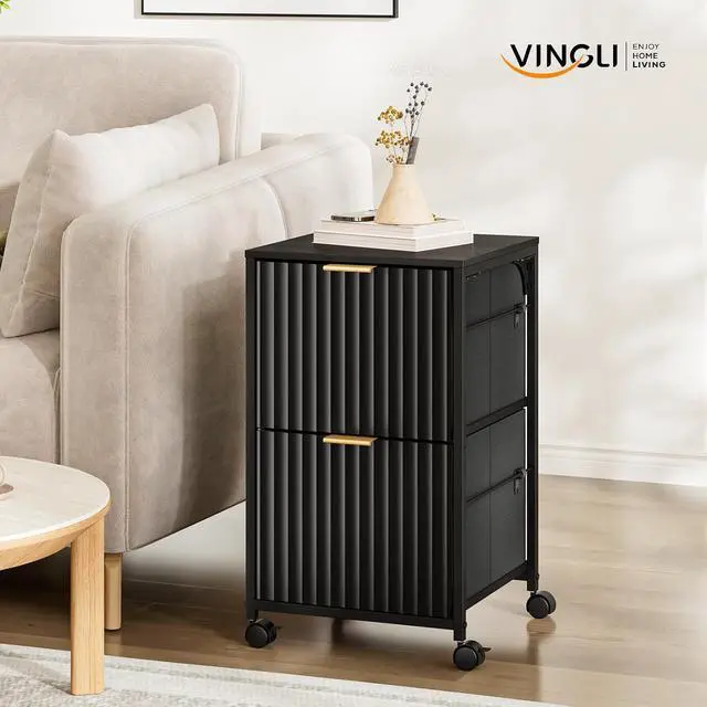 Alt view image 7 of 7 - 2 Drawer Mobile File Cabinet, Rolling Fluted Filing Cabinet Under Desk File Cabinet with Wheels, Fabric Drawers Printer Stand for Home Office, Fits Letter Size, Black