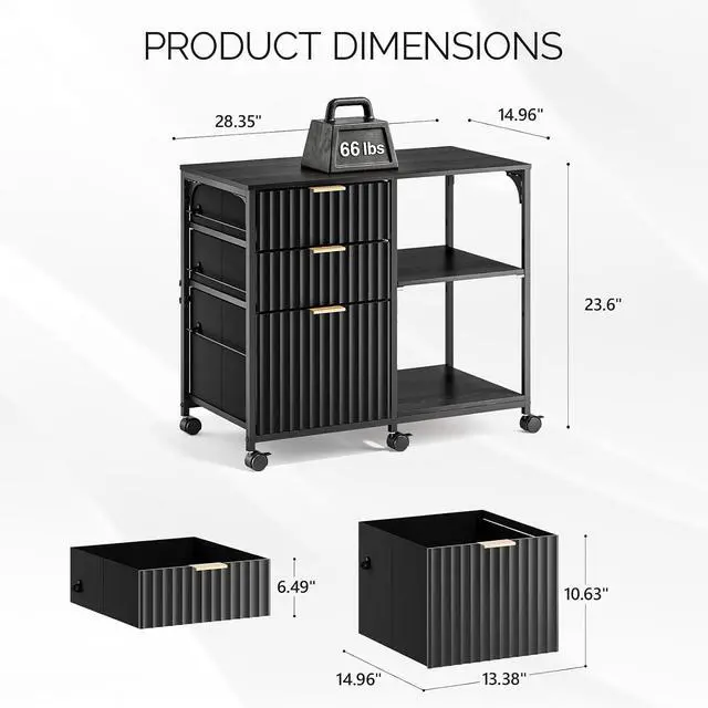 Alt view image 3 of 7 - 3 Drawer Mobile File Cabinet Printer Stand, Fluted Filing Cabinet with Open Storage Shelves Adjustable, Rolling Lateral Fabric Filing Cabinet for Home Office, Fits Letter Size, Black
